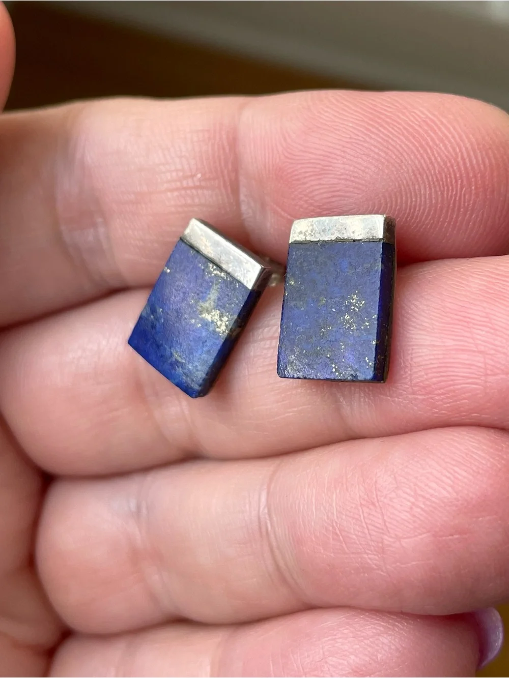 Vintage stamped 925 sterling silver & lapis lazuli (?) earrings boho